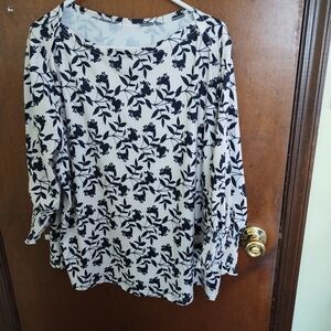 Black & White Floral Boatneck Blouse with Smocked Cuffs